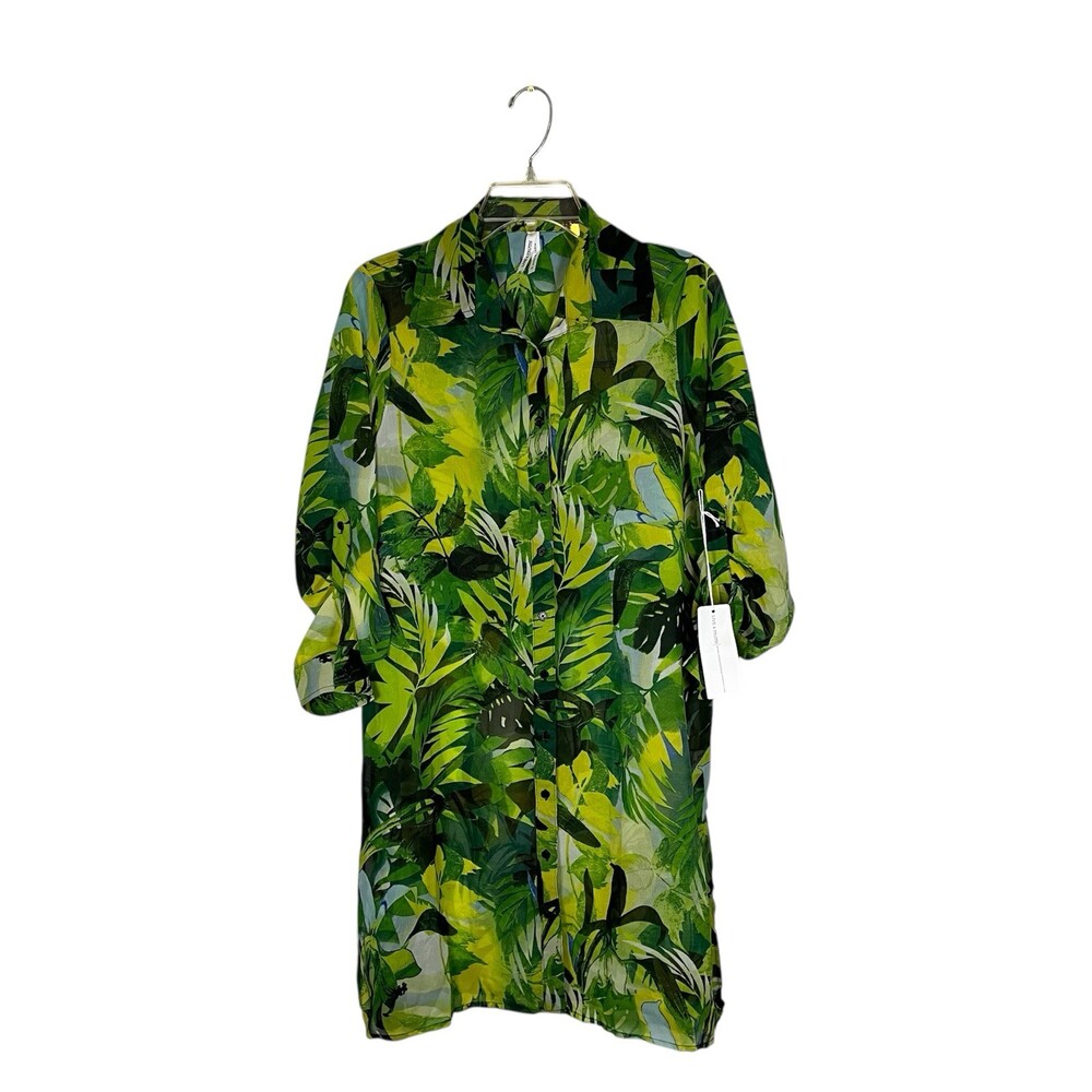 Hawaii Dress Womens Tropical Palm Leaf Print Sheer Button Swim Cover Up